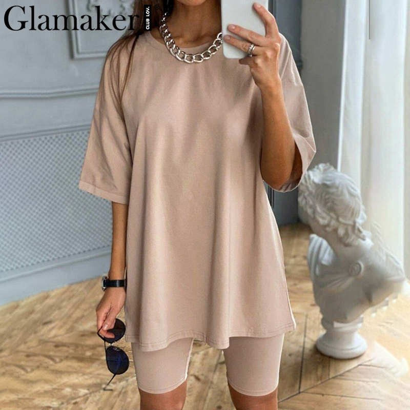 Glamaker Summer casual two piece set top and pants women sets short sleeve fashion loose outfits shorts suit 2020 female co ord T200603
