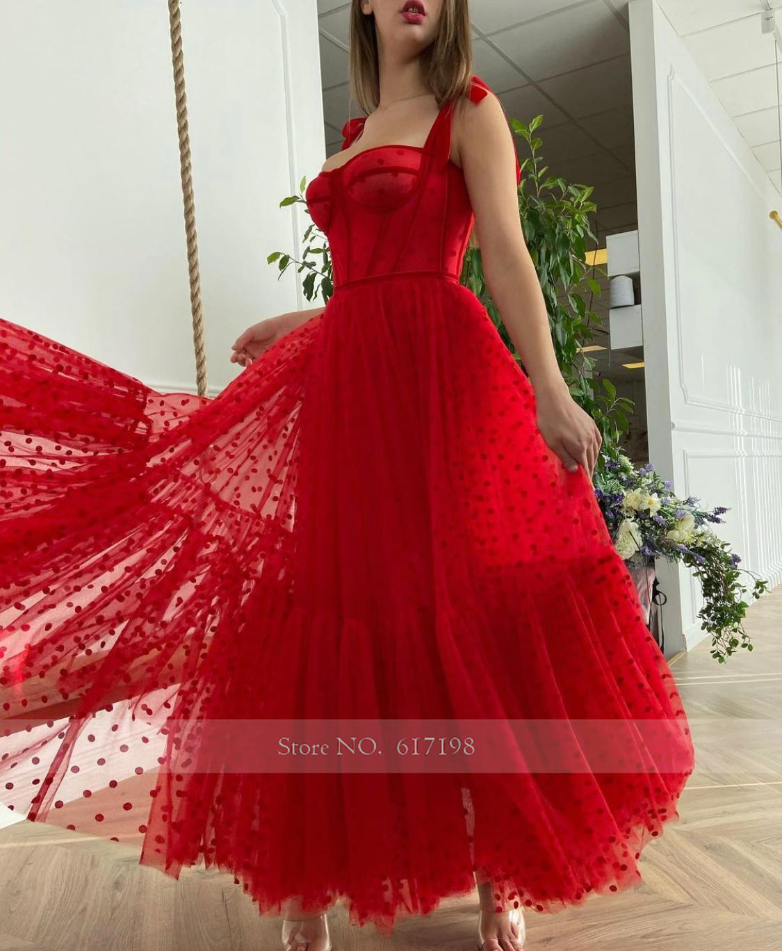 Sweetheart Bow Straps Zipper Pleats Tea Length Red Prom Dress A-Line Tulle Evening Dress