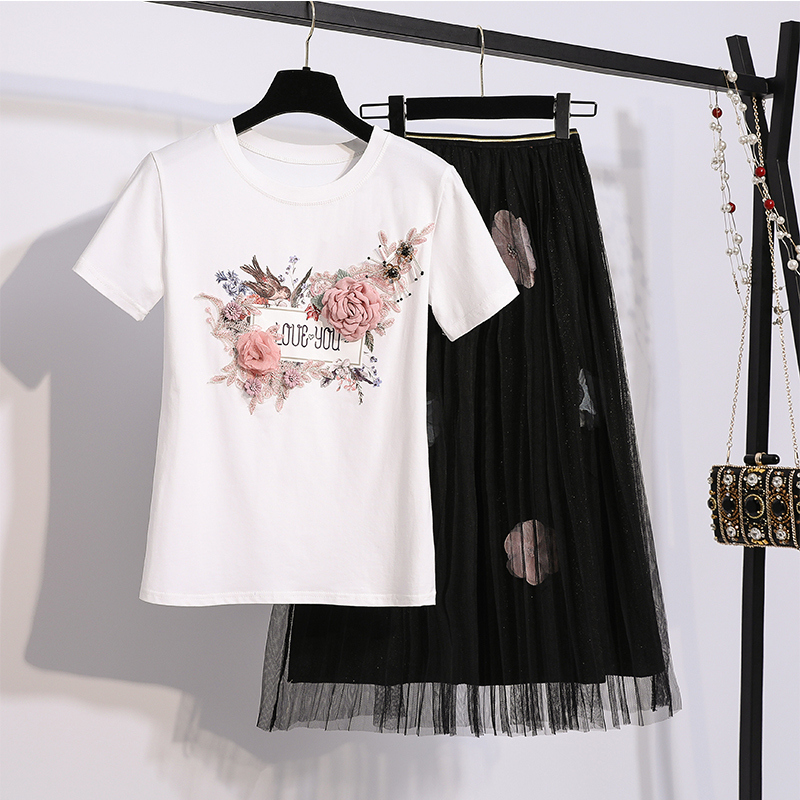 Women's Ral Print 2-Piece Summer Set: Embroidered Cotton Tee & Mesh Skirt B3