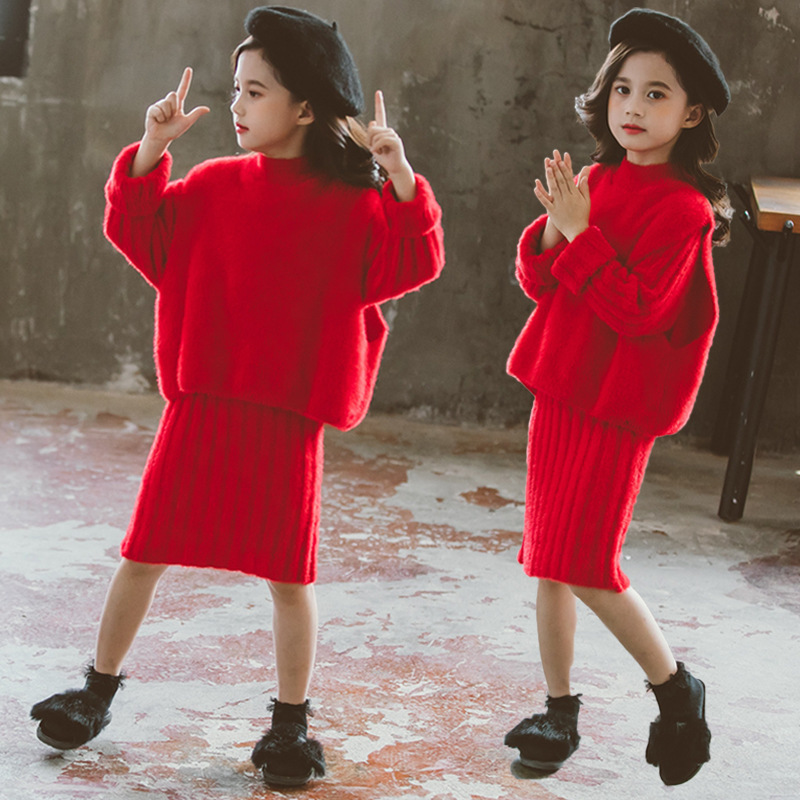 Autumn Winter Sweet Children's Suit Teens Girls Fall Sweater Coat Dress Sets 2pcs Big Children's Christmas New Year Two-pieceX1019