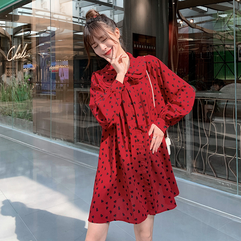 528# Autumn Korean Fashion Red Chiffon Maternity Blouses Sweet Loose Shirts Clothes for Pregnant Women Fall Pregnancy Tops Tunic LJ201120