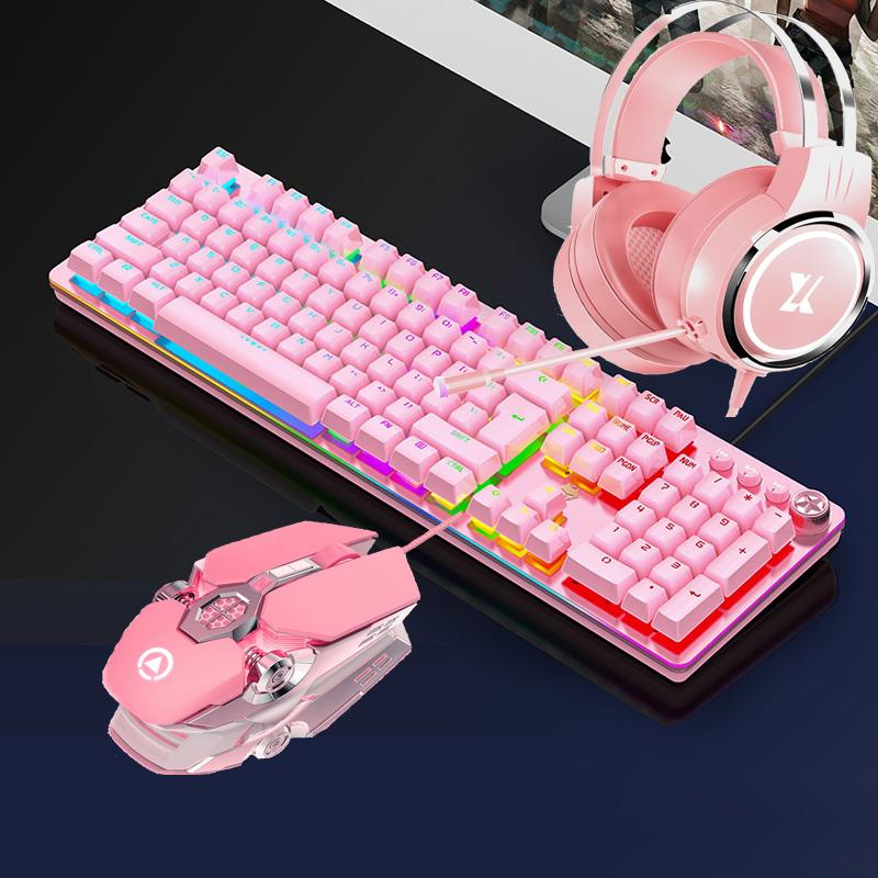 

RGB Mechanical Keyboard Mouse Sets Pink Keycaps with RGB Backlit 104 Keys Layout Green Switch Axis 3200DPI Backlit Mouse PC