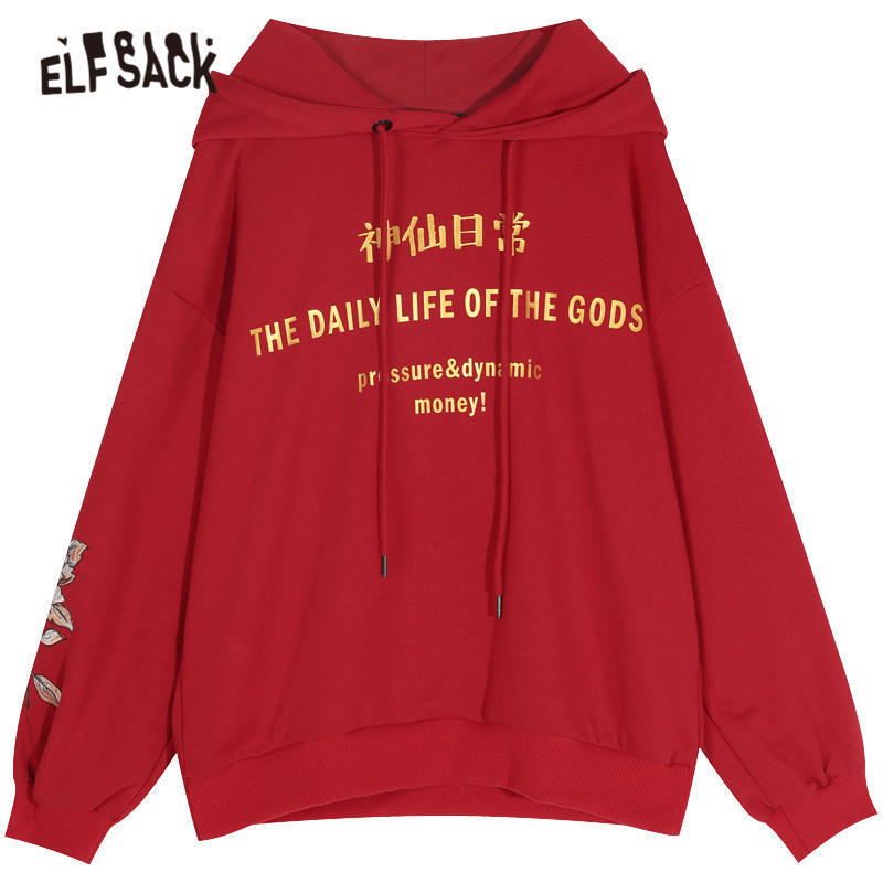 ELFSACK Red Floral Embroidery Casual Women Graphic Hoodies Spring New Letter Print Long Sleeve Female Korean Daily Tops T200723