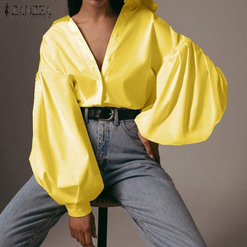 Stylish Puff Sleeve Shirts Women's Spring Blouse 2020 ZANZEA Casual Button Down Blusas Female Solid Tops Oversized Tunic 3XL T200801