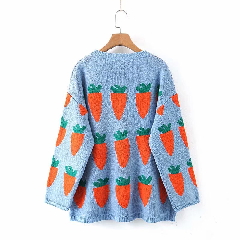 Women's Cozy Carrot Print Sweater Cute Cartoon Crew Neck Long Sleeve Oversized Pullover Jumper Fall Winter Knit Tops / 201221