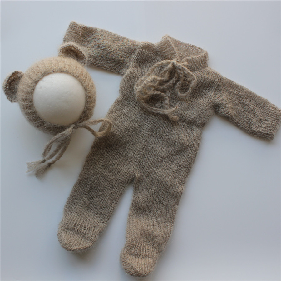 Newborn Photography Outfit Newborn Onesie and Bear Hat Newborn Footed Romper with Bear Bonnet Mohair Outfit Photo Prop C1018