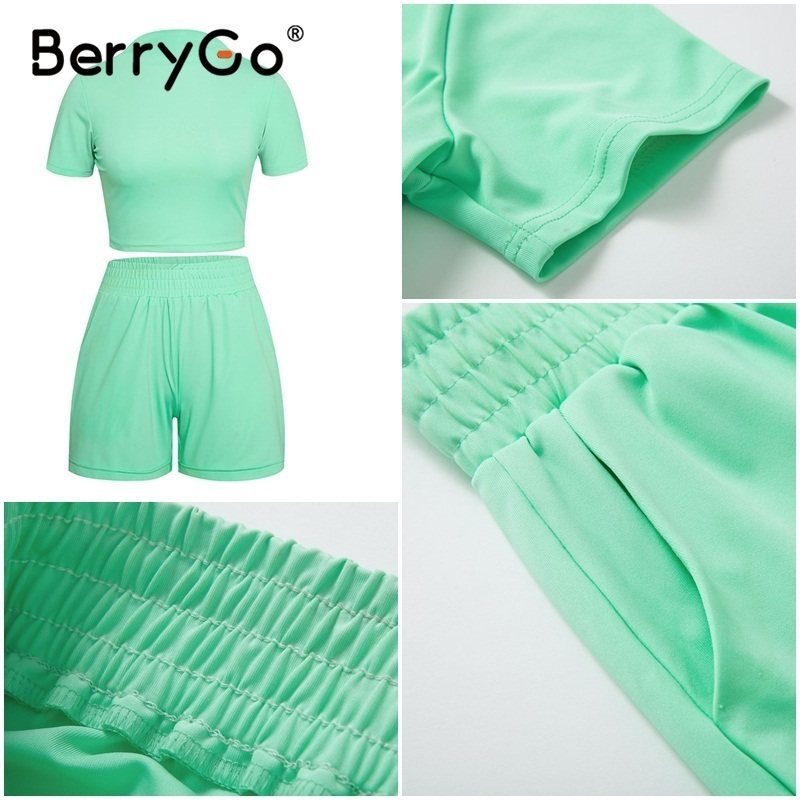 BerryGo Sexy turtleneck two-piece women shorts set Casual short sleeve womens tracksuit Tight female suits summer sport suit T200610