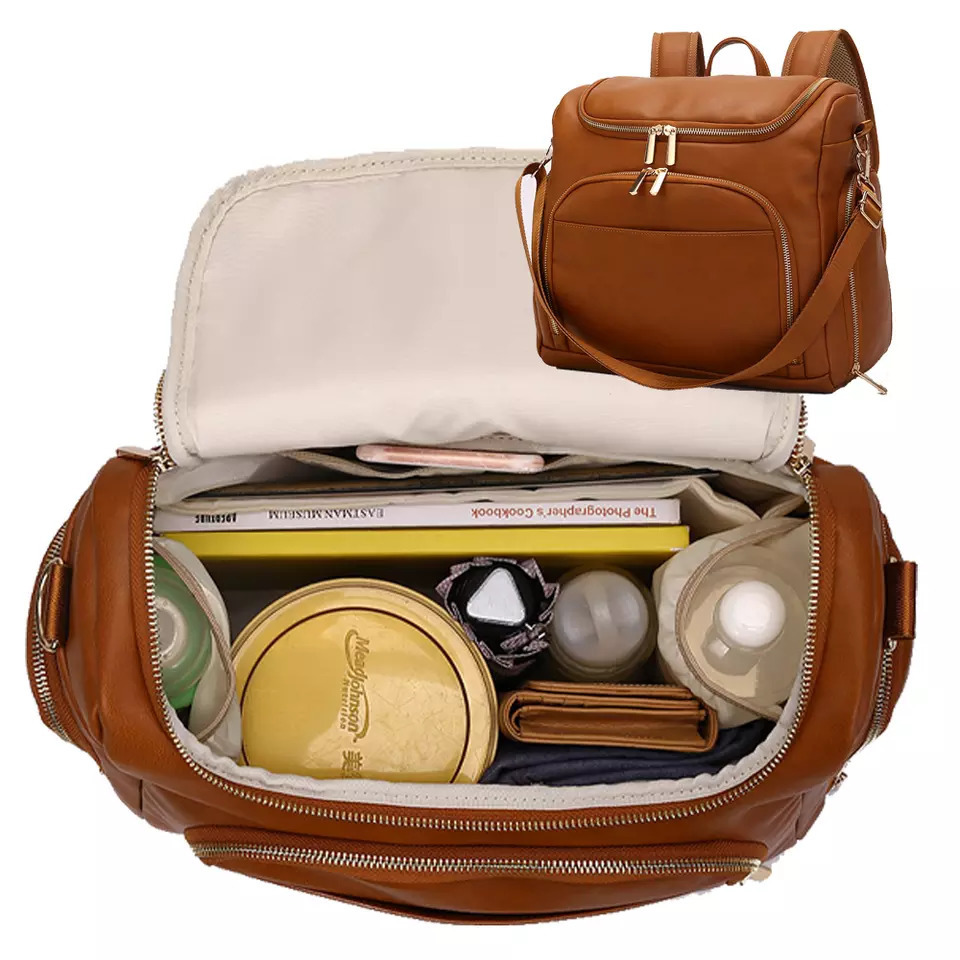 PU Leather Baby Nappy Diaper Bag Backpack+Changing Pad+Stroller Straps+Insulation bag+Cosmetic bag LJ200827