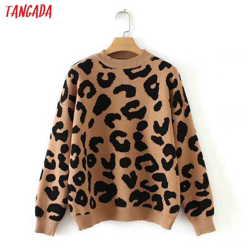 Tangada women leopard knitted sweater winter animal print winter thick long sleeve female pullovers casual tops 2X05 200924