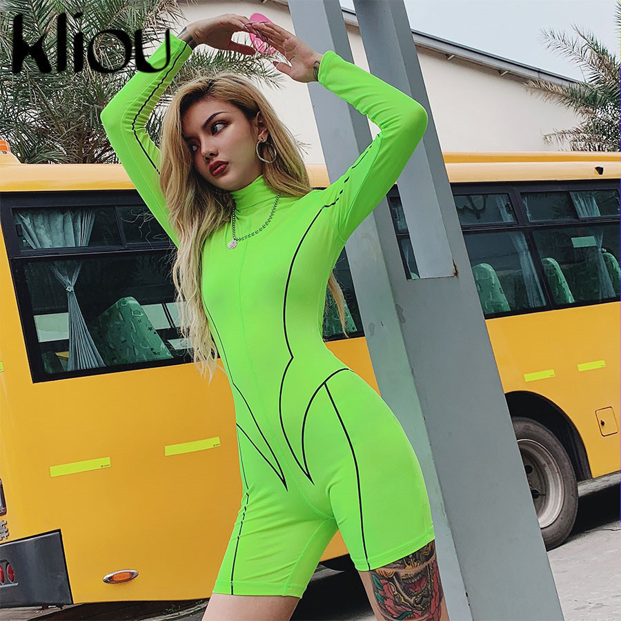 Kliou new women turtleneck full sleeve fitness playsuit white striped patchwork letter print push up skinny casual bodysuit T200113
