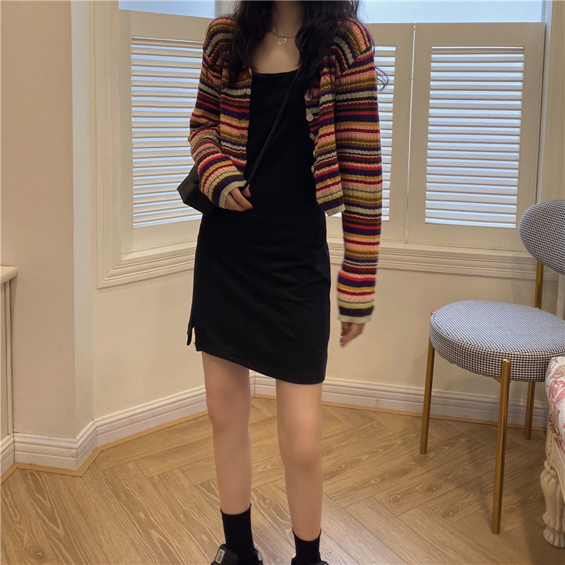 Ggarich Cardigan Women Autumn Outdoor Long-Sleeved Spring Autumn Short Slim V-neck Sweet Rainbow Striped Sweaters 201221