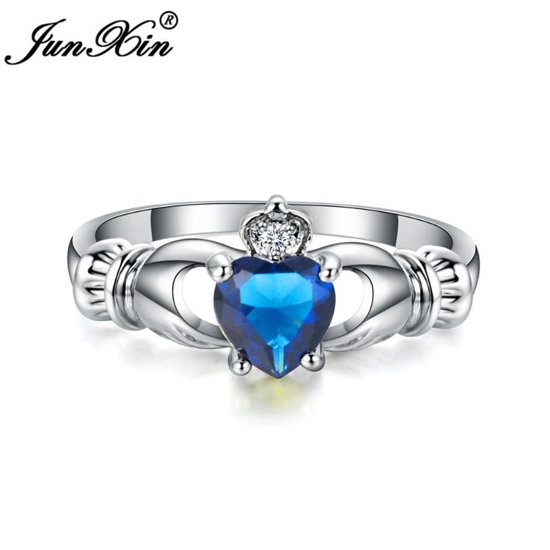 Wedding Rings JUNXIN Luxury Female Heart Ring Claddagh White Gold Filled Jewelry Fashion For Women Birth Stone Gifts1