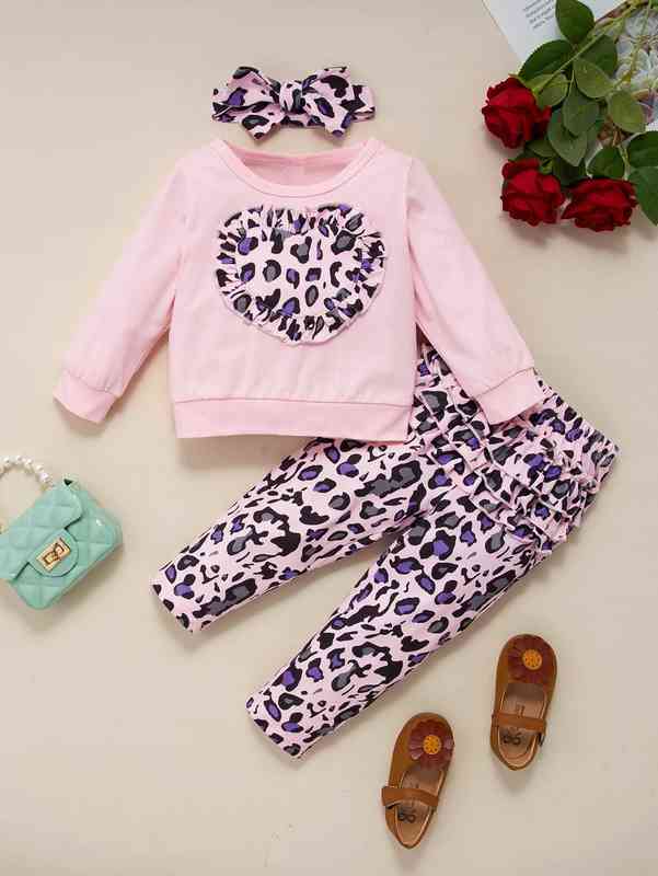 Baby Leopard Print Frill Trim Pullover And Pants And Headband SHE