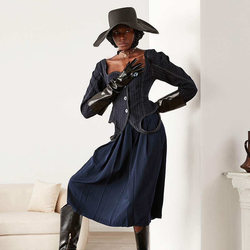 TWOTYLE Vintage Striped Coats For Women Square Collar Puff Long Sleeve Tunic Short Jackets Female Fashion Clothing 201017