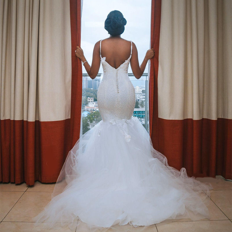 White Mermaid Wedding Dresses Spaghetti Backless Sweep Train Appliques Beads Garden Courthouse Bridal Gowns mermaid wedding dresses