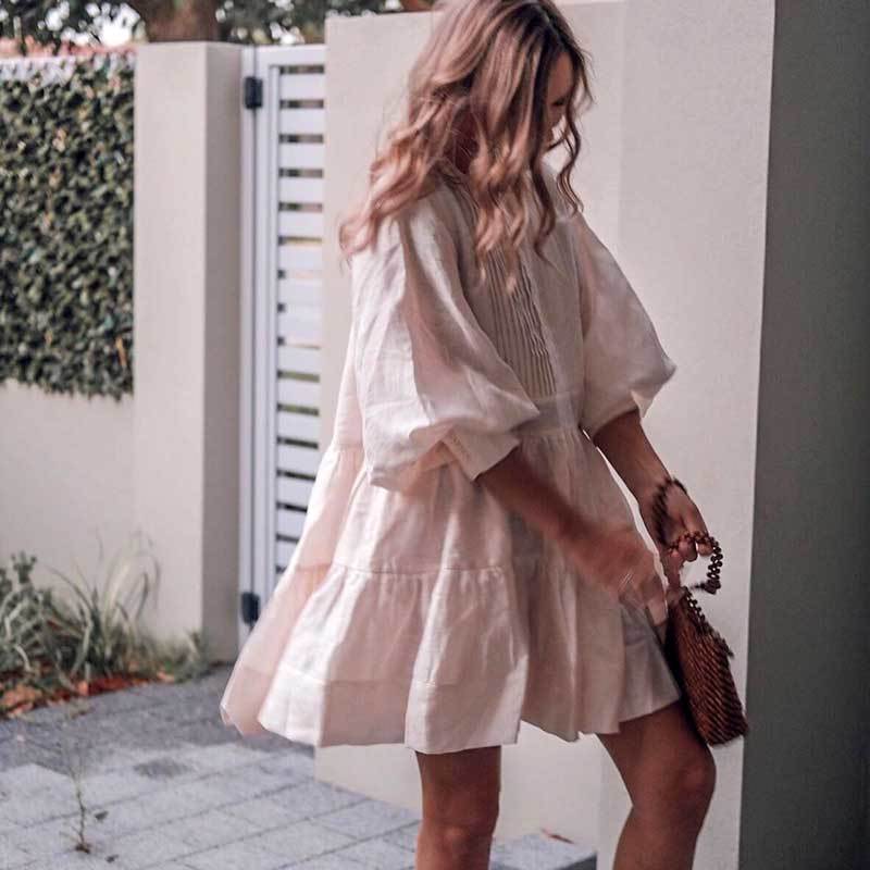 INSPIRED LINEN TUXEDO SHIRT women long Balloon sleeves autumn winter party tiered pleating BOHO DRESS 201127