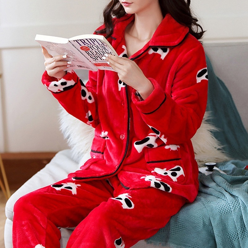 Muyogrt Winter Pajamas Set Women Sleepwear Warm Flannel Long Sleeves Pajamas Pink Cute Animal Homewear Thick Home Suit 201027