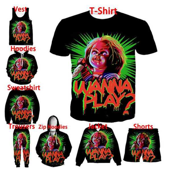 Horror Movie Child' Play Chucky 3D Print New Fashion Men Women Jacket/ Zipper Hoodies/ Hoodies/ Sweatshirt/ shirt/ Vest/ Shorts/ Trousers, As shows 8 
Horror Movie Child' Play Chucky 3D Print New Fashion Men Women Jacket/ Zipper Hoodies/ Hoodies/ Sweatshirt/ shirt/ Vest/ Shorts/ Trousers, As shows 8