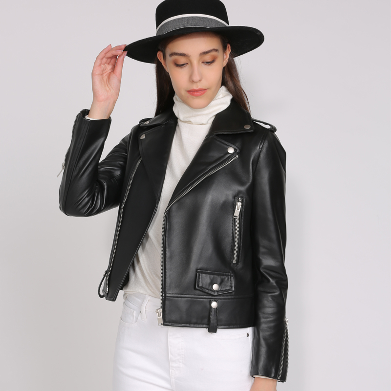 Spring Genuine Leather Jacket Women 2019 Fashion Real Sheepskin Coat Rivet Motorcycle Biker Jacket Female Sheep Leather Coat T200814
