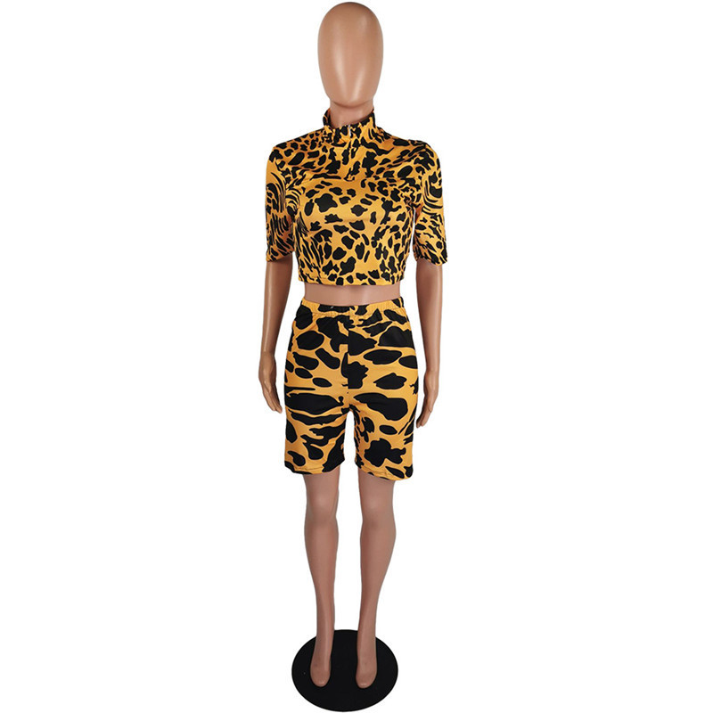 Cheetah Leopard Two Piece Short Set for Women Sport Suit Summer Clothes Crop Top and Biker Shorts Outfits Matching Sets Clubwear T200610