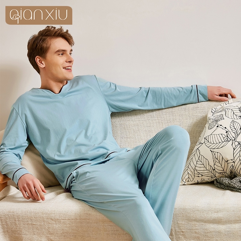 Spring Men Casual Pajama sets Male Bamboo Cotton Sleepwear suit Couples Long Sleeve t shirt & Pants Plus size Home pijamas 201109