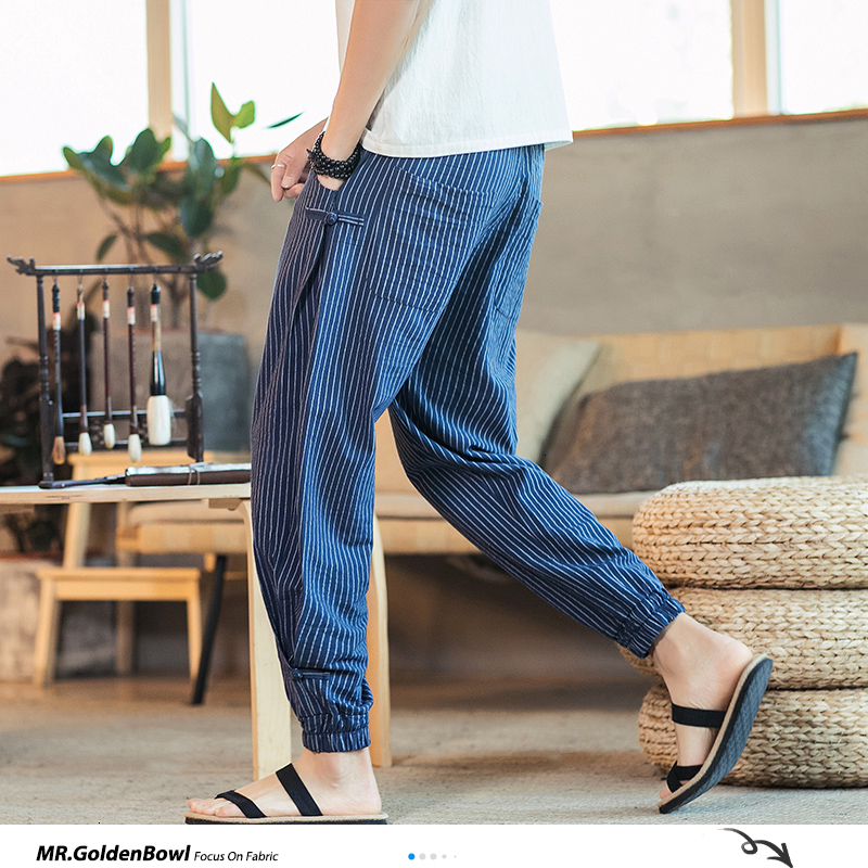 Sinicism Store Black White Striped Men Harem Pants New Fashion Man Casual Loose Pants Cotton Linen Male Trousers 5XL 201027
