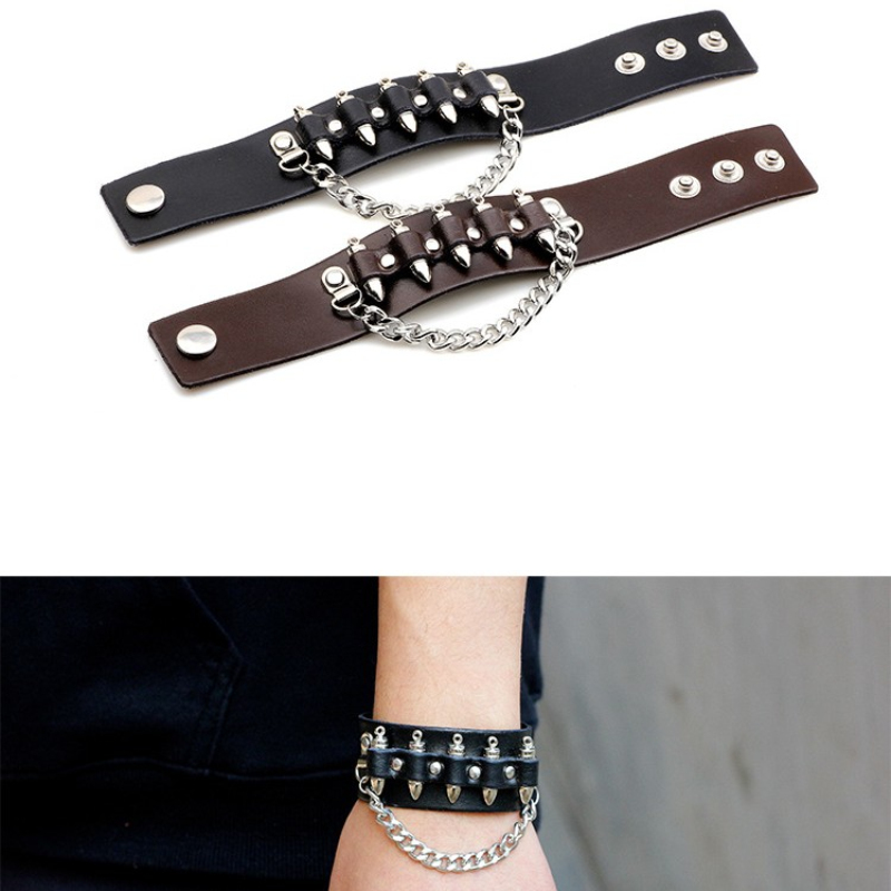 Popular Hip Hop Rap Singer Style Alloy Bullet Charm Bracelet Wide Black Brown Leather Bracelets for Men Gift