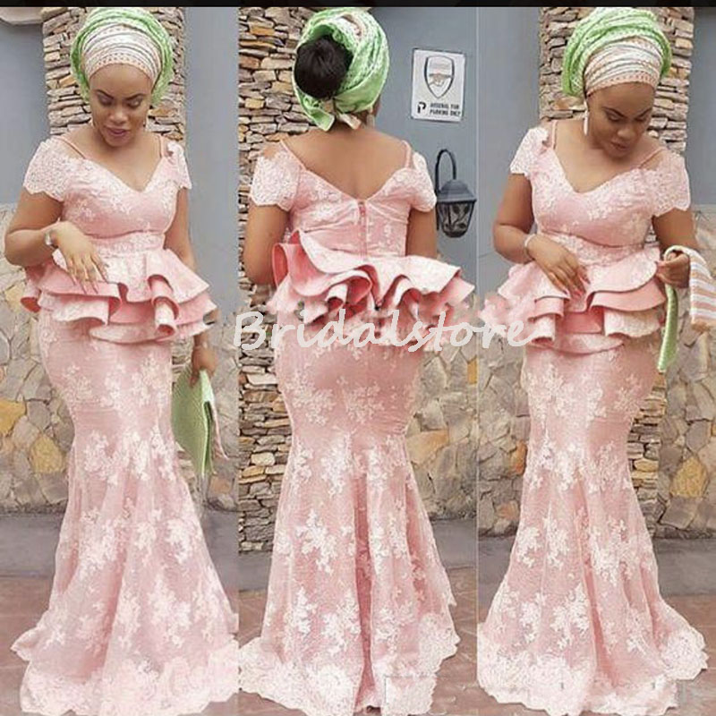African Mermaid Pink Prom Dresses Cap Sleeves Tiered Peplum Plus Size Lace Evening Dress Formal Wear 2022 Robes De Soirée Second Party Women Engagemen