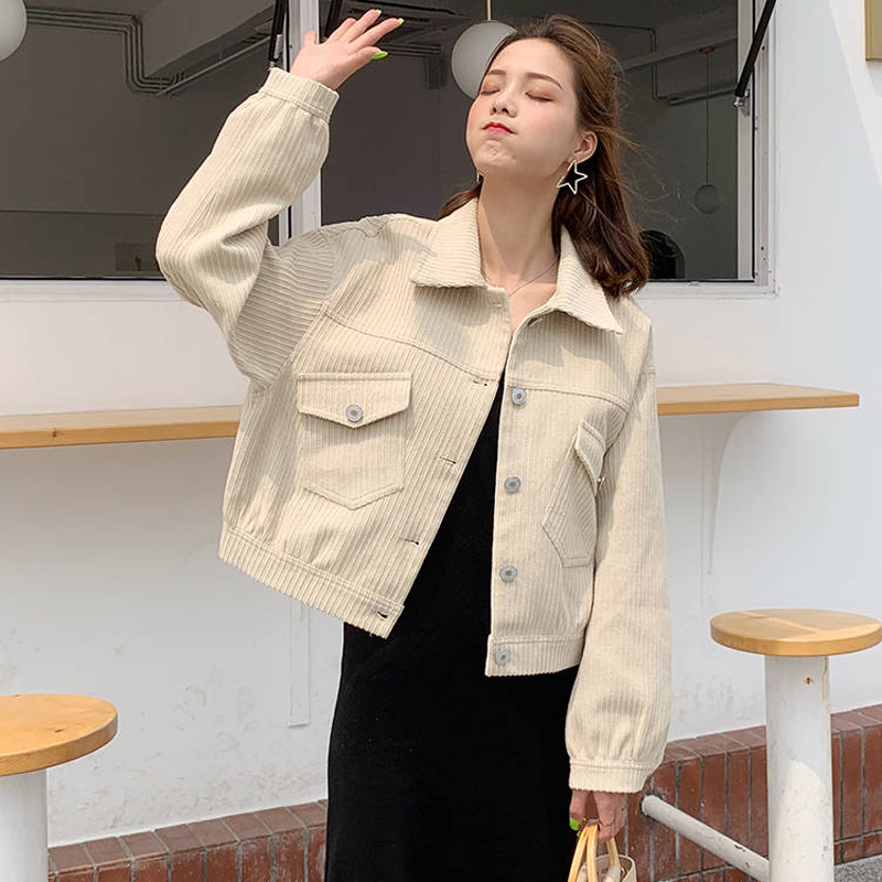 Bella spring women solid pocket jackets lady Long Sleeve Corduroy casual jacket female turn down collar coats 201017