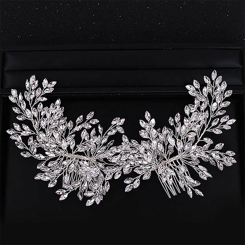Trendy Crystal Rhinestone Double Hair Comb Hair Accessories Bride Leaf Headband Tiaras Headpiece Wedding Noiva Head Jewelry SL T200522