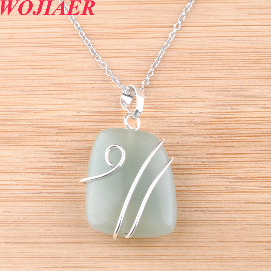 WOJIAER Natural Stone Trapezoidal Pendant Healing Silver-color Wire Wrap Crystal Pink Quartz Necklaces Jewelry for Women DBO914