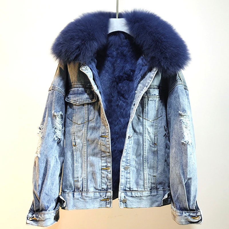 Winter New Women Warm Coat Real Fox Fur Collar Natural Rabbit Hair Liner Denim Jacket Slim Jean thick Outwear T200915