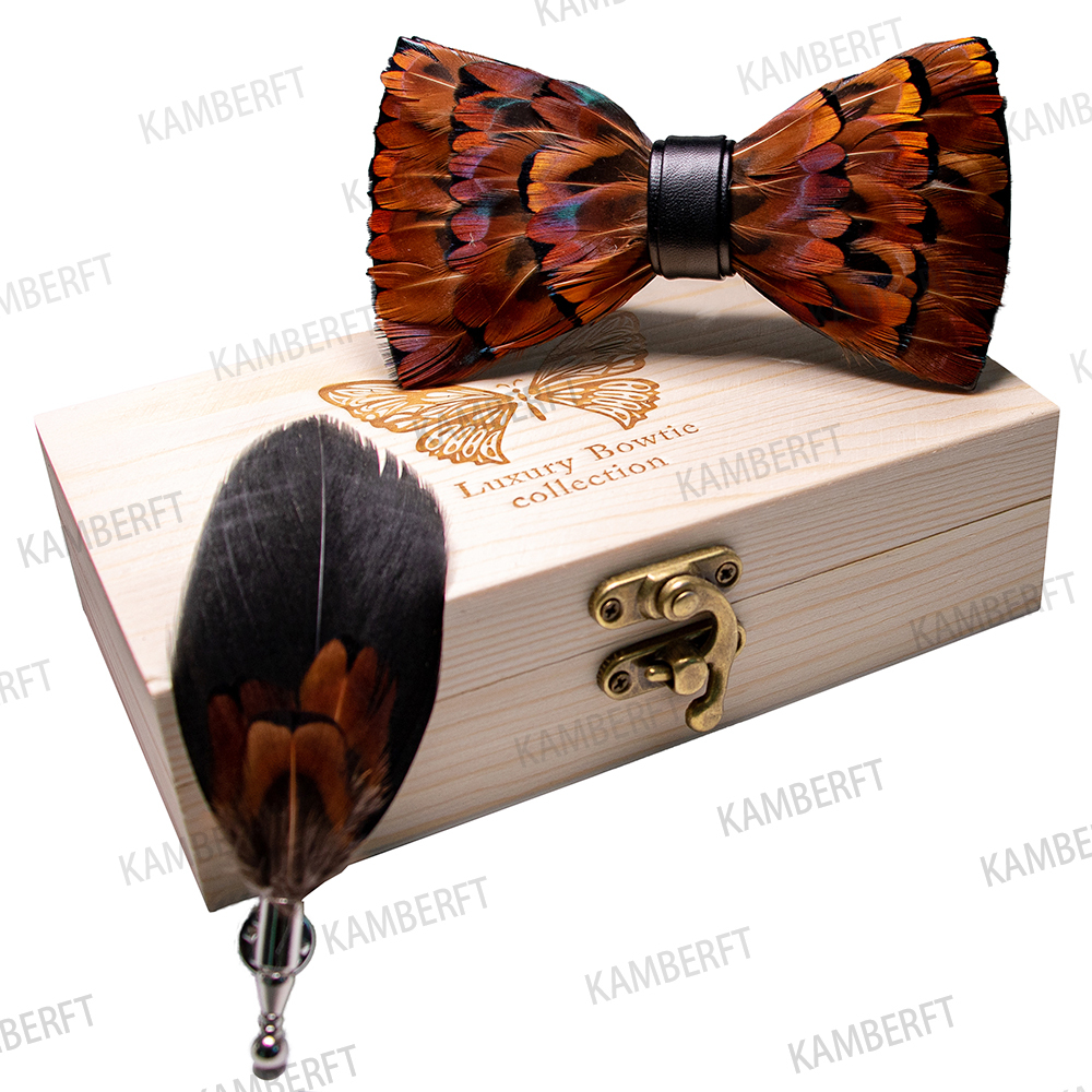 KAMBERFT 67 style New Natural Feather Bow tie Exquisite HandMade Mens BowTie Brooch Pin Wooden Gift Box Set for Wedding 201027