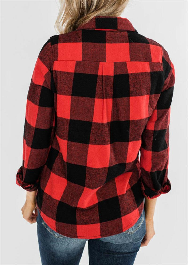 Red Plaid Coat Woman Pocket Zipper Jacket Casual Long Sleeve Top Fashion Turn-down Collar Coat Women Jacket mujer chaqueta