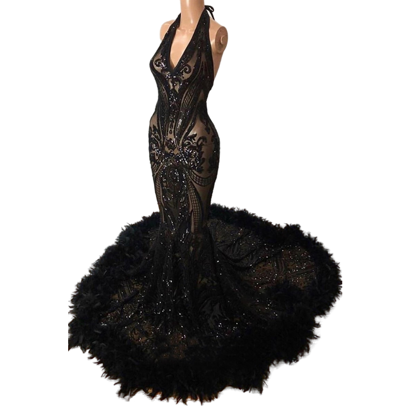 Aso Ebi Black Sequin Feather Trumpet Prom Dresses Sexy Illusion Bodice See through Special Occasion Gowns Custom Made Halter Backless Bling Dress Even