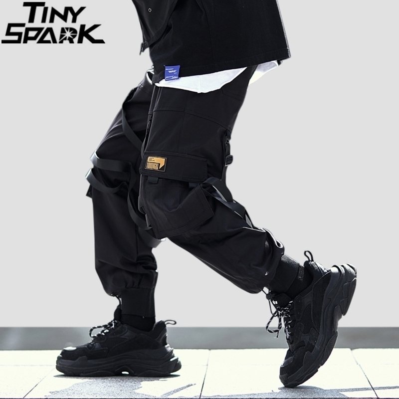 Hip Hip Pants Jogger Streetwear Cargo Pants Pockets Swag Ribbon Harajuku Men HipHop Trousers Joggers Ankle Length Pants 201125, A1339061