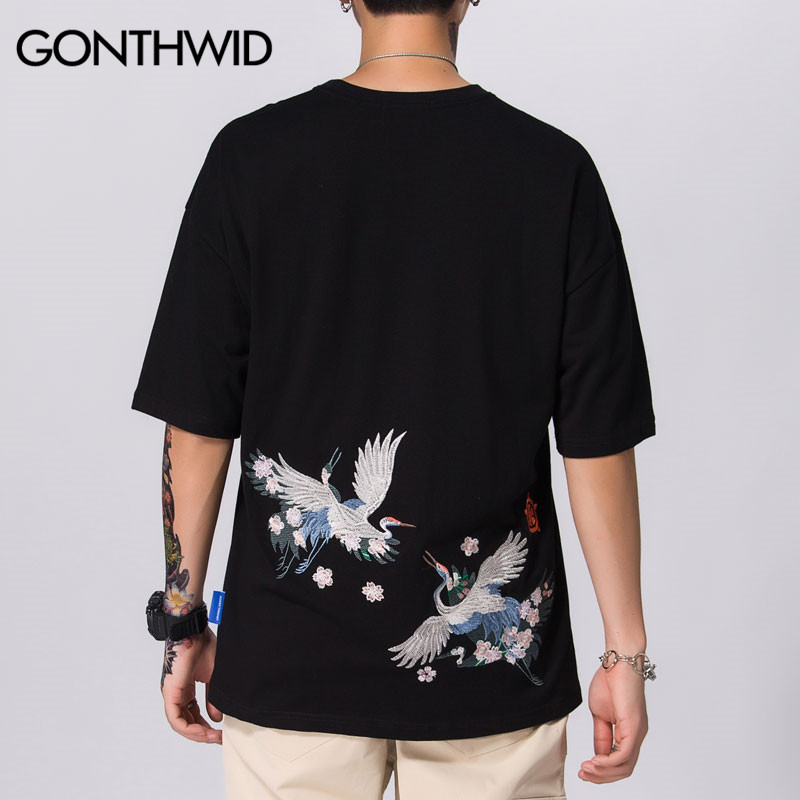 Embroidery Cranes Cherry Blossoms Flowers Short Sleeve Tshirts Harajuku Casual Streetwear Tees Men Hip Hop Fashion Tops, 201847b
Embroidery Cranes Cherry Blossoms Flowers Short Sleeve Tshirts Harajuku Casual Streetwear Tees Men Hip Hop Fashion Tops, 201847b