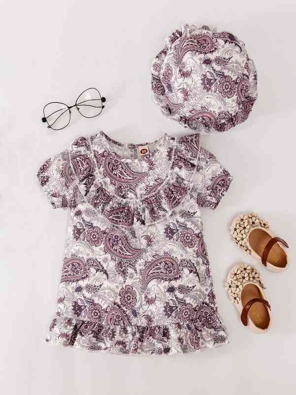 Baby Paisley Print Ruffle Trim Puff Sleeve Smock Dress & Hat SHE