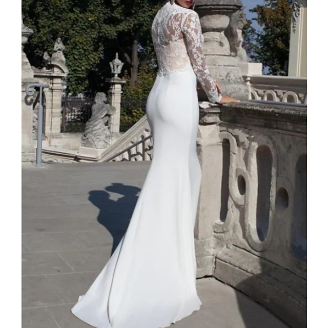 2022 Trumpet Wedding Dresses V Neck Sweep Train Lace Bridal Gown Long Country Sexy Backless Illusion Sleeve Custom Size Vestido De Noiva Robe De Maria
