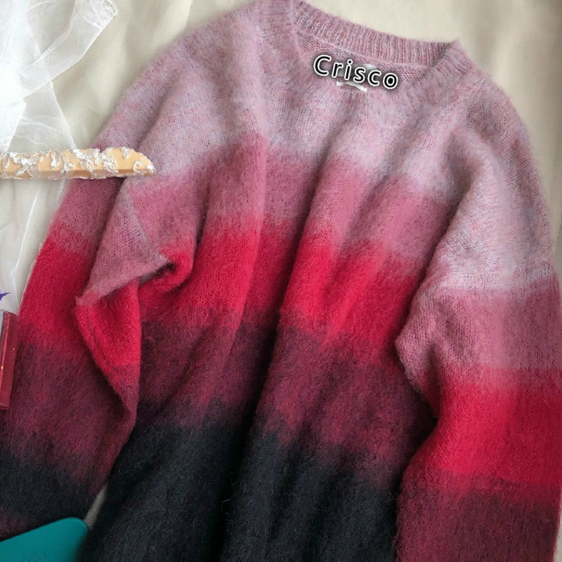 Gentle Colors Women Sweater Gradient Rainbow Color Mohair Pullover Sweater 201221