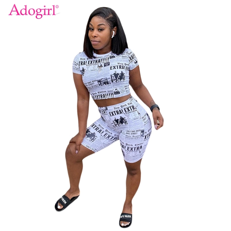 Adogirl Newspaper Print Casual Two Piece Set Women Tracksuit O Neck Short Sleeve Crop Top T Shirt + Shorts Fashion Clothing T200325