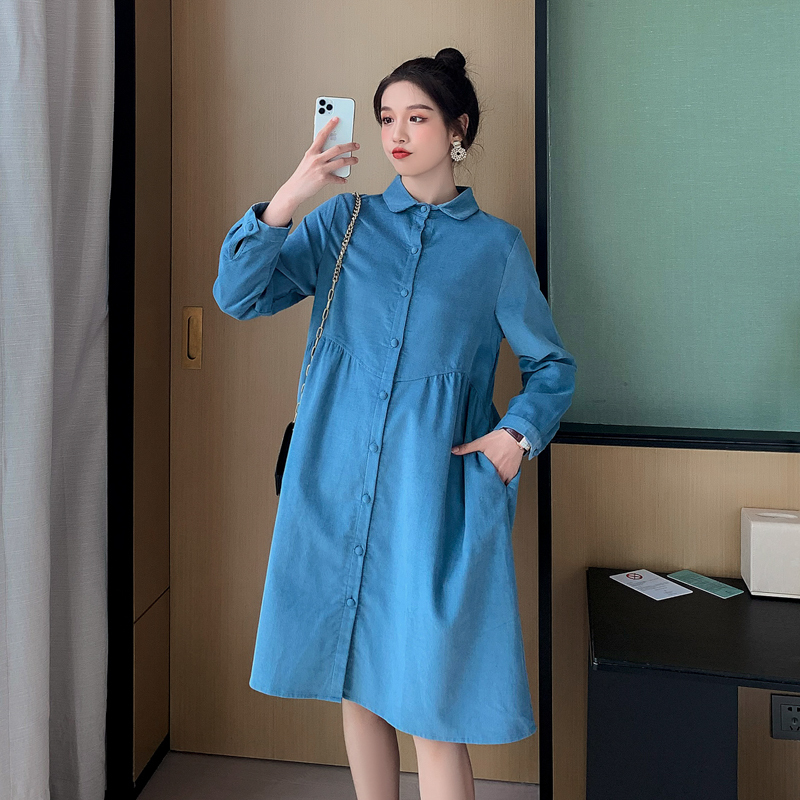 2056# Autumn Corduroy Maternity Long Blouses Long Sleeve Plus Size Loose Dress Clothes for Pregnant Women Casual Pregnancy Wear LJ201120