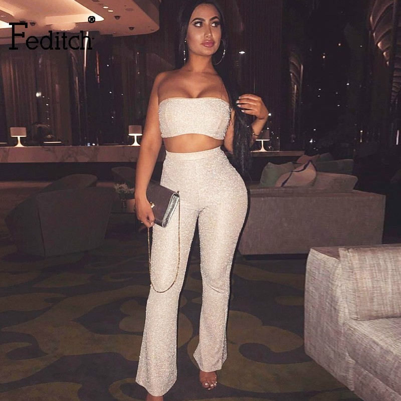 Women's Sexy Glitter Two Piece Set Crop Top & Pants - Sparkle Sequins Clubwear Outfit, Polyester, Beige, Sier, 2024 B2