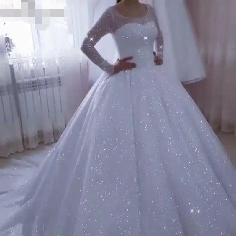 Sparkly Ball Gown Dresses Vestido De Noiva Long Sleeve Plus Size Princess Wedding Gowns Glitter White Sequins Bridal Dress for Women Robe Mariee