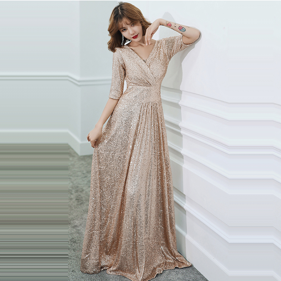 Sparkle Sequined Evening Dresses It's Yiiya K004 Double Vneck Evening Dress Elegant Robe De Soiree Plus Size Evening Gown 201114