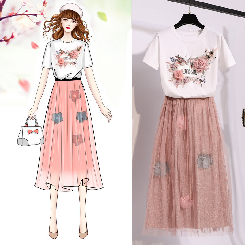 Women's Ral Print 2-Piece Summer Set: Embroidered Cotton Tee & Mesh Skirt B3