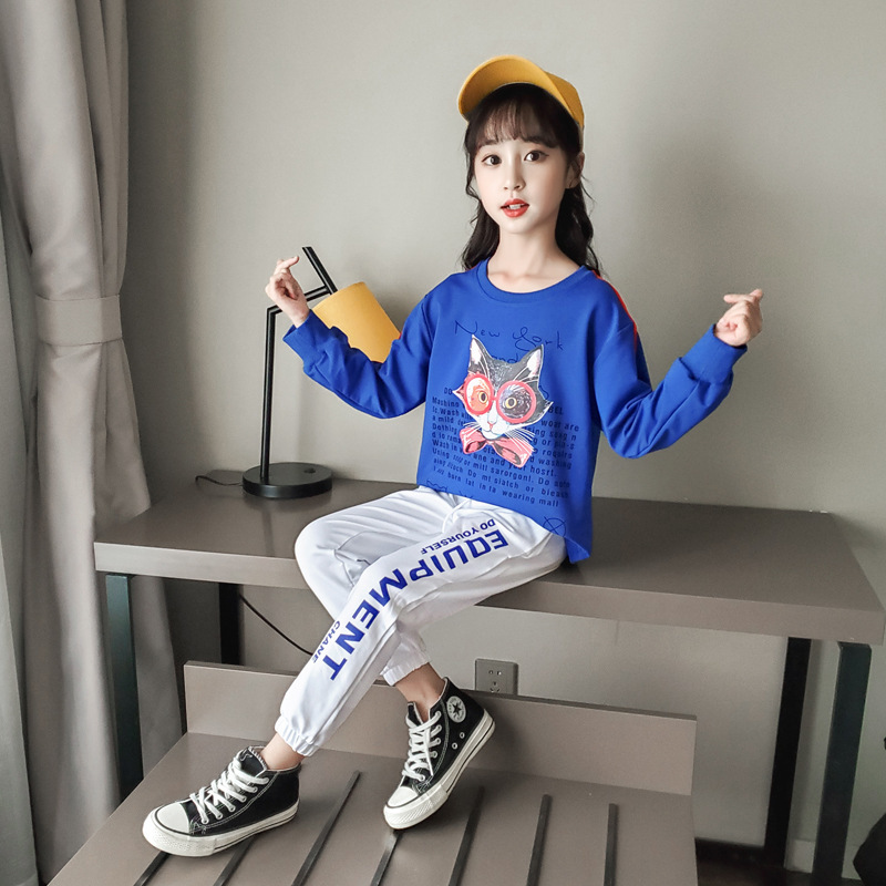13 14 Year Cute Girl Pink Cartoon O-neck Clothes Suit 2020 New Autumn Fashion Sports Two Piece Sets Little Girl Boutique ClothesX1019