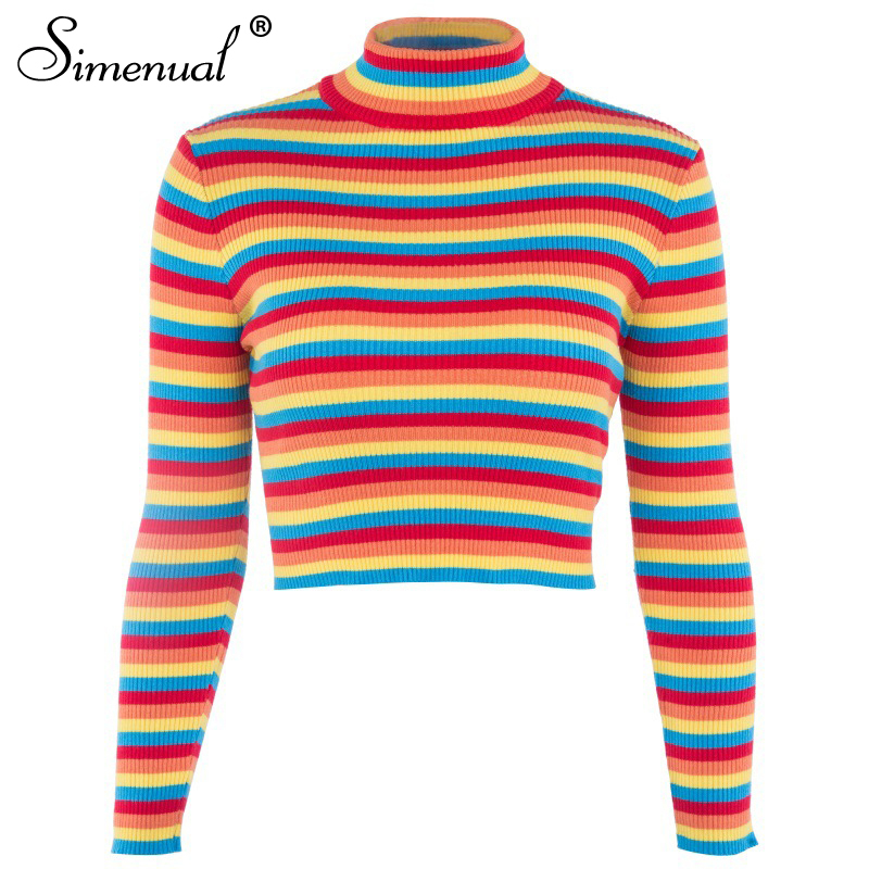 Simenual Rainbow stripes sweater jumper knitwear fashion slim sexy women's turtlenecks sweaters and pullovers colorful pull T200319