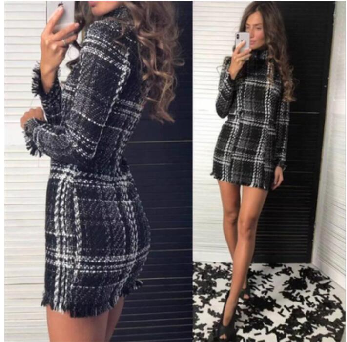 Casual Dresses Tweed Dress For Women Wool Long Sleeve 2021 Autumn Winter Vintage Plaid Ladies Woolen Elegant Female Houndstooth Mini