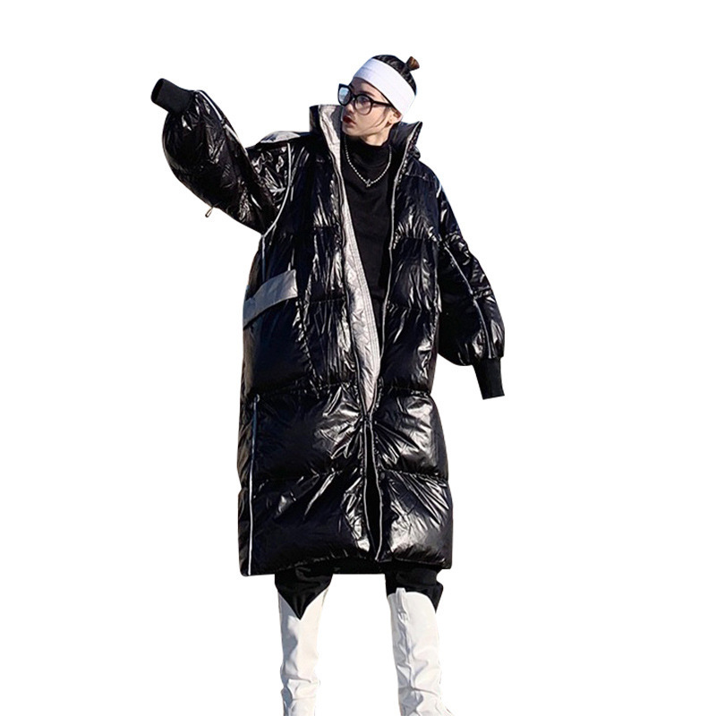 Winter new down jacket woman hooded bright face long runway show Korean version of loose casual white duck down coat 201030